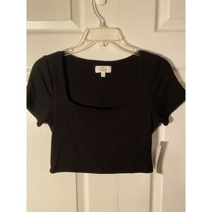 Live in the moment Black Square Neck Cropped Short Sleeve Top Size M